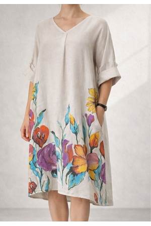 FLORA LINNEKLÄNNING I KONSTNÄRLIGT BLOMSTERTRYCK