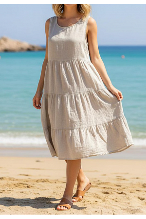 ÄRMLÖS LINNEKLÄNNING MED VOLANG