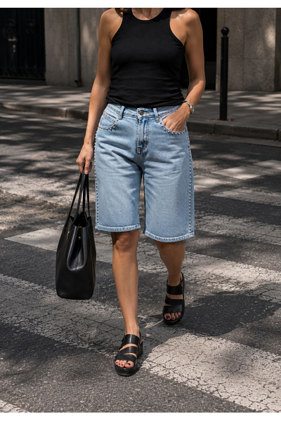 LÄNGRE JEANSSHORTS MED NITAR